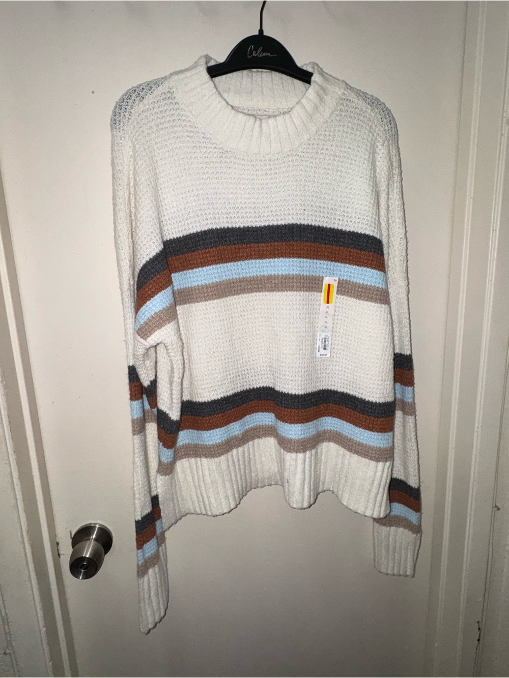 SO Cream Sweater with Brown, Blue and Gray Stripes